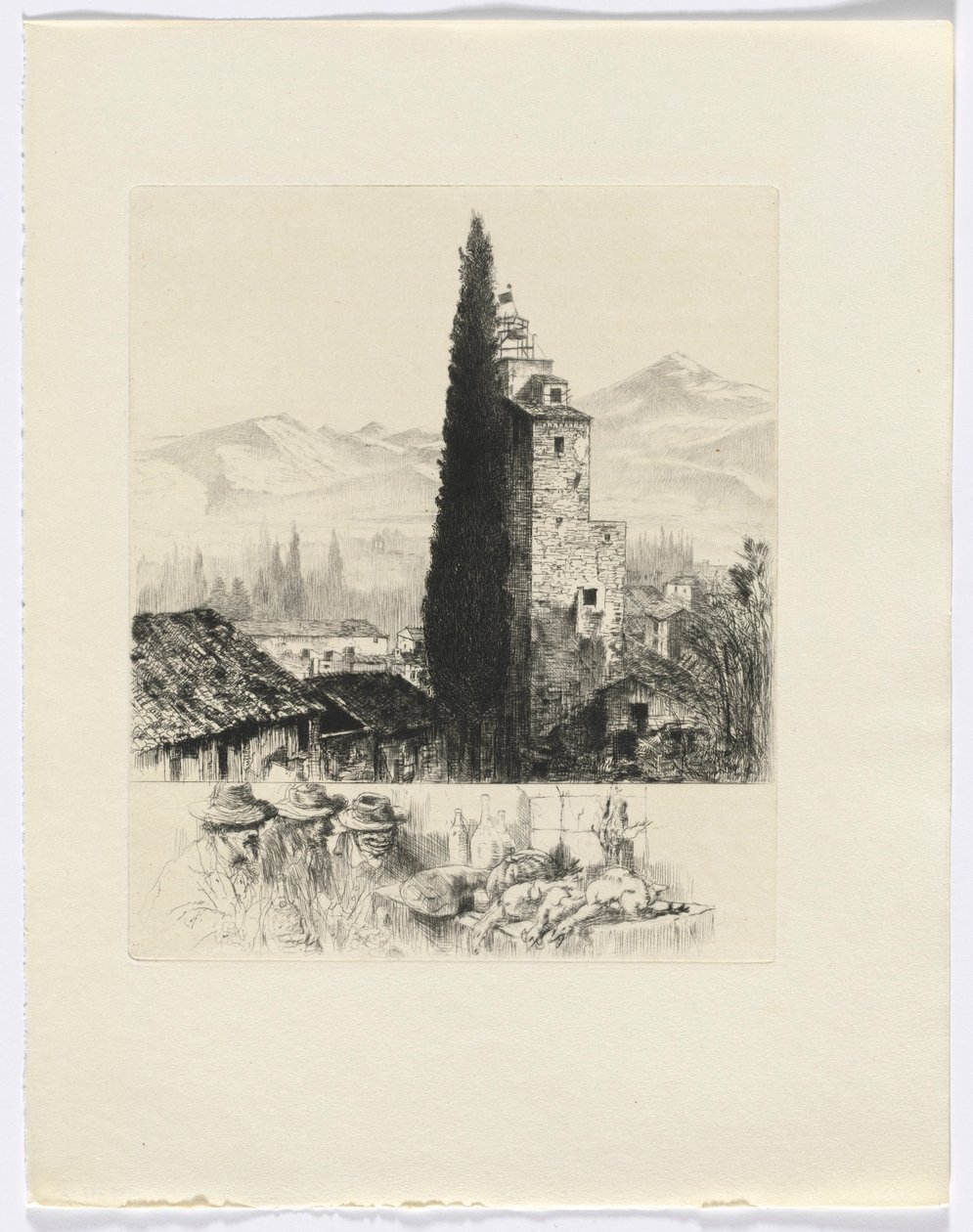 Frédéric Mistral: Mémoires et Recits de Frédéric Mistral: torre na paisagem/ homem e caça morta (inserir após p. 200) de Auguste Brouet