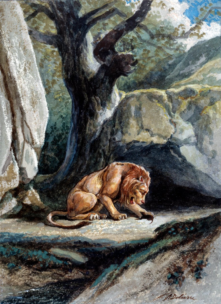 Ilustração da fábula “O leão e o rato” de Jean de La Fontaine. Aquarela de Auguste Delierre (1829-c.1890) de Auguste Delierre