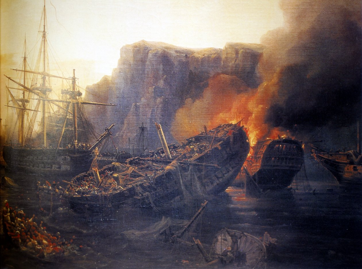 Francês:  Le soir de la bataille de Navarin, 1827 Noite da Batalha de Navarino de Auguste Etienne Francois Mayer