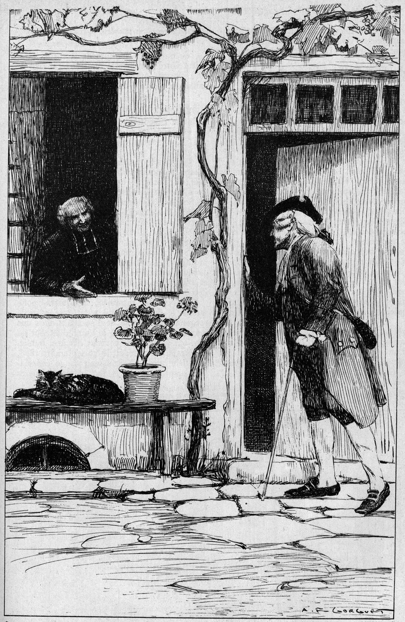 A paróquia da aldeia de Ermenonville convida o filósofo Jean Jacques Rousseau (1712-1778) a entrar no seu presbitério. Oise (60). Ilustração de Auguste François Gorguet (1862-1927) de Auguste Francois Gorguet
