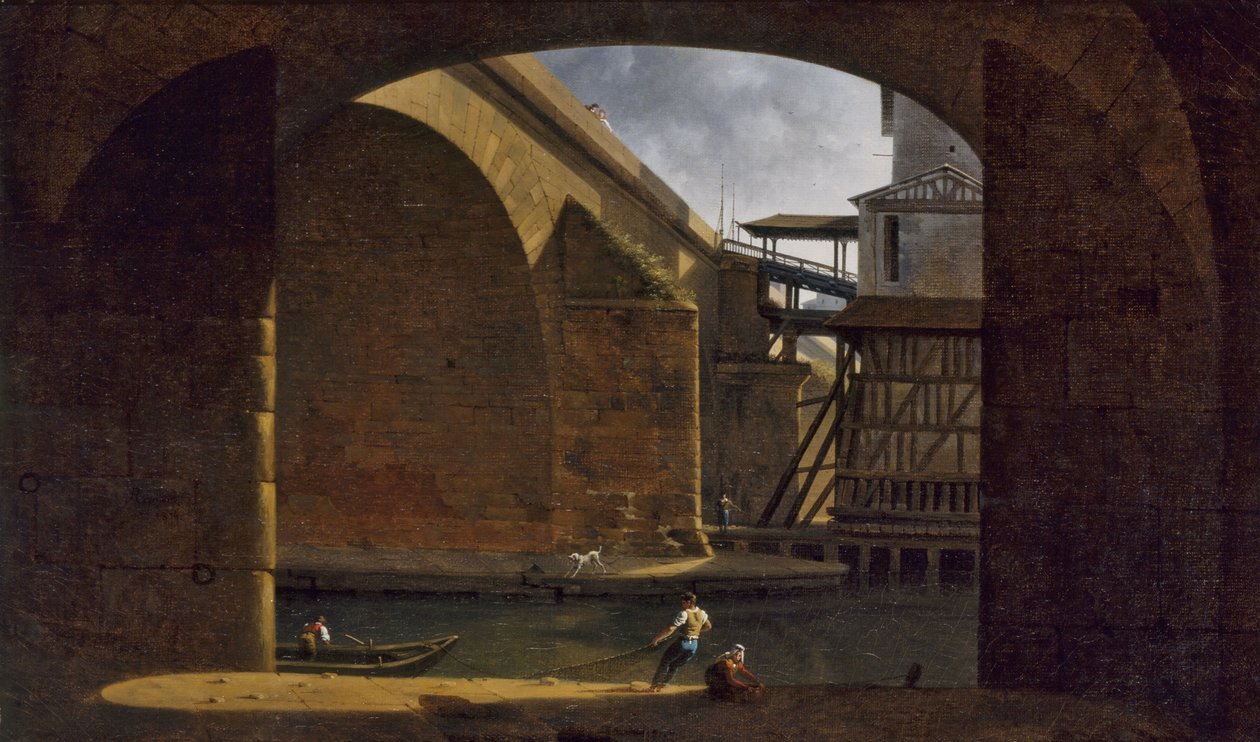 A ponte de Notre-Dame e a bomba, vista da abóbada do Quai de Gesvres, 1816 (óleo sobre tela) de Auguste Jacques Regnier