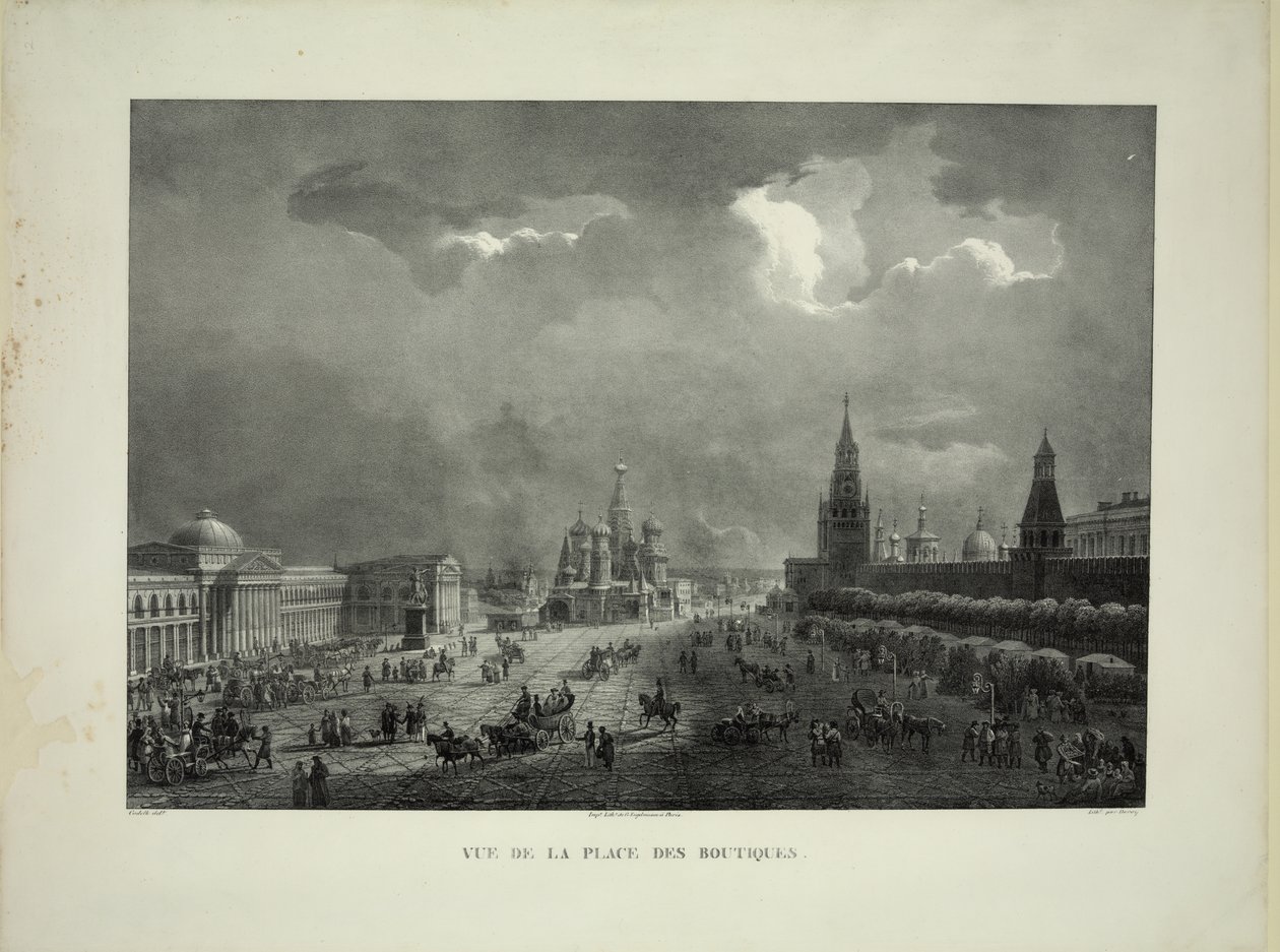 Linhas de negociação superiores na Praça Vermelha de Moscou, c. 1830 de Auguste Jean Baptiste Antoine Cadolle