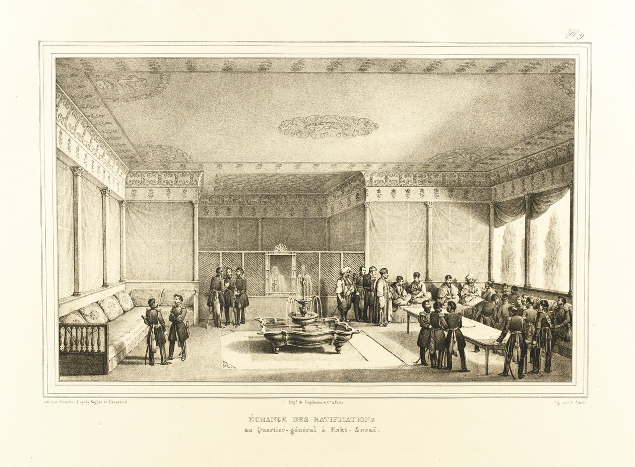 Assinatura do tratado de Adrianópolis no antigo Palácio de Edirne, 1834 de Auguste Joseph Desarnod