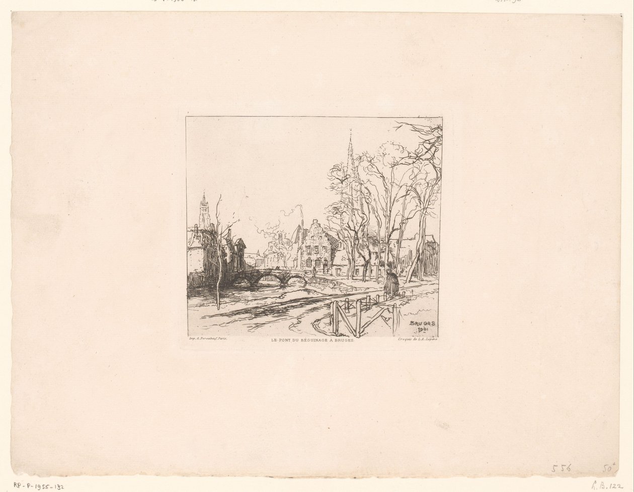 Vista da ponte no Beguinage em Bruges Le pont du Beguinage à Bruges (título no objeto) de Auguste Lepere