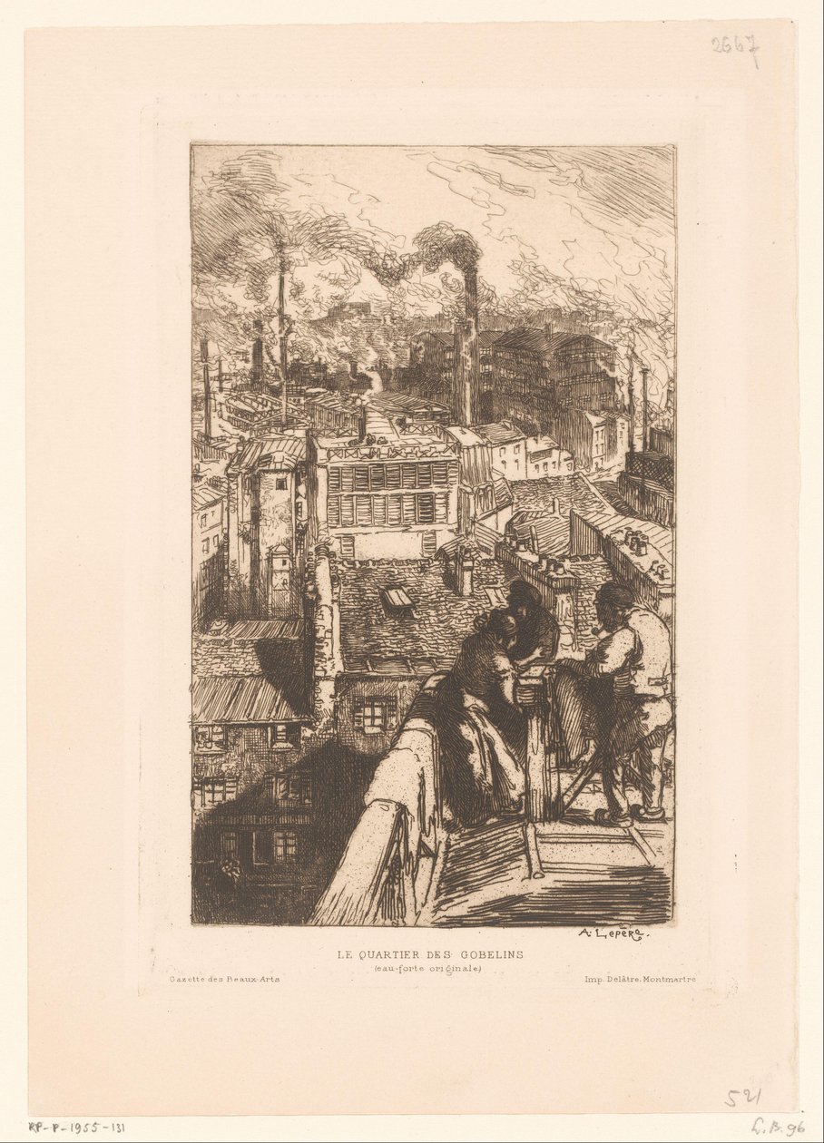 Vista dos telhados no distrito de Gobelins em Paris Le quartier des Gobelins (título no objeto) de Auguste Lepere
