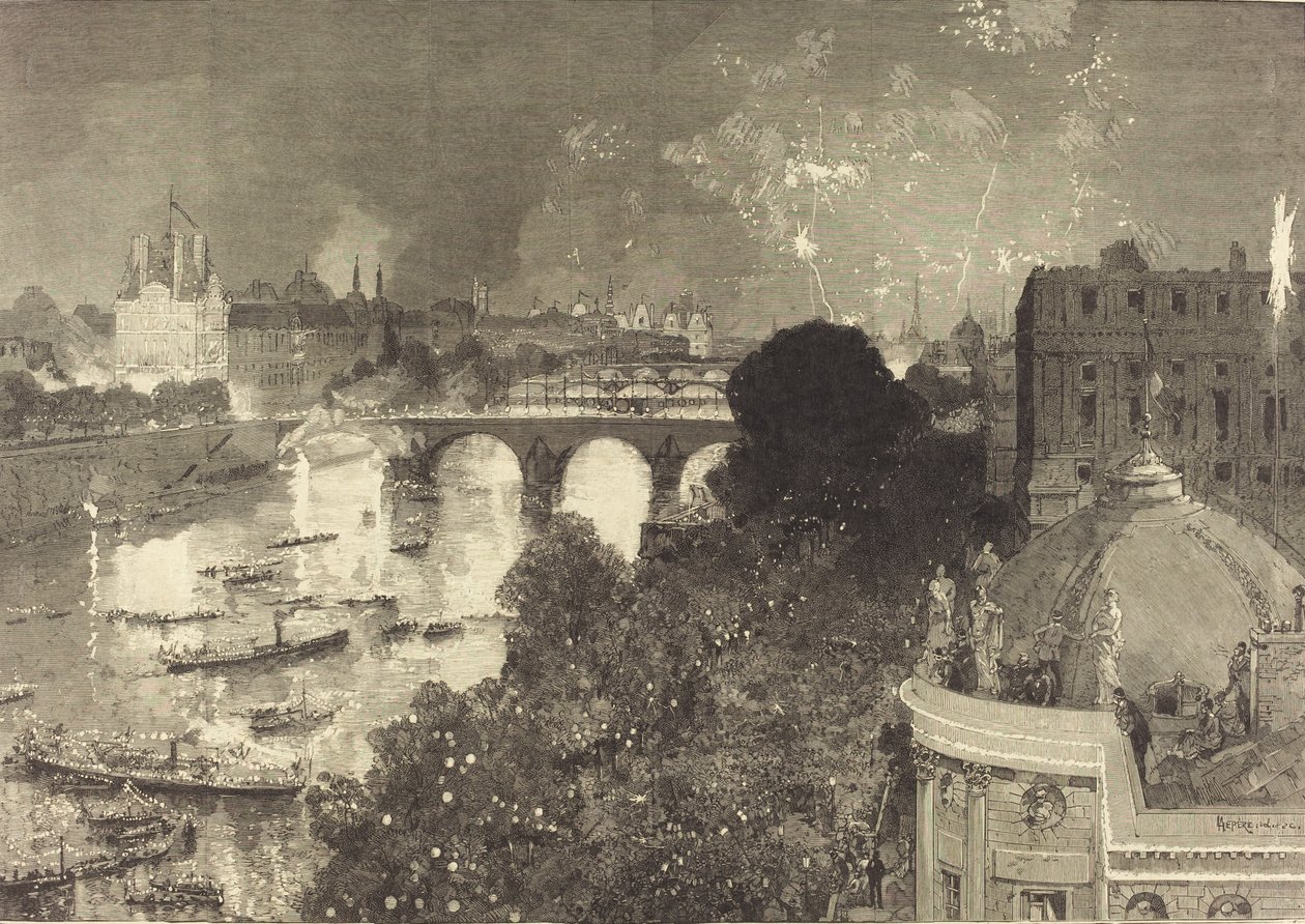 O 14 de julho. Iluminação do Sena de Pont Neuf a Pont au Change, 1882. de Auguste Lepere