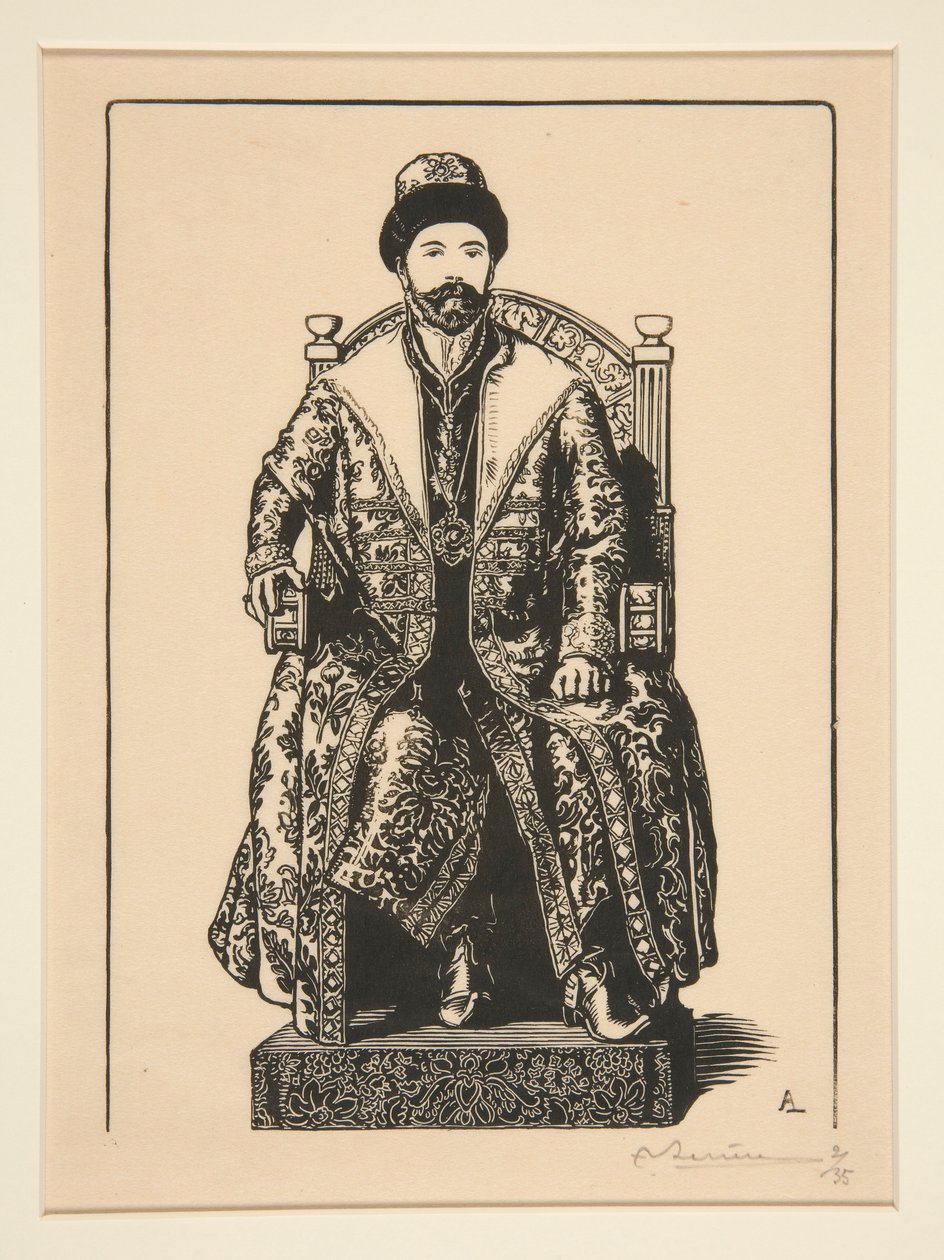 Le Csar en costume de sacre (O Czar em Roupa de Coroação), de La Guerre de 1914, primeira série, no.3 de Auguste Lepere