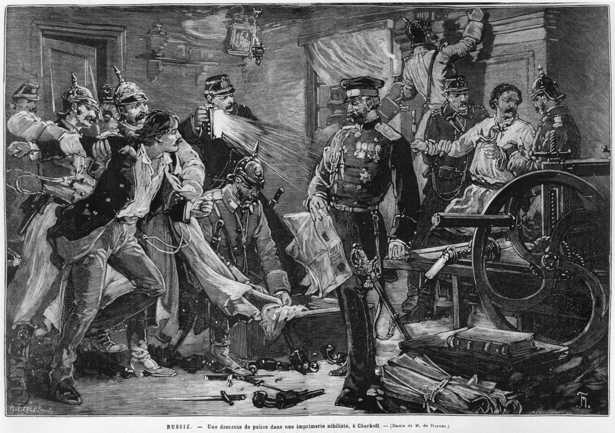 Polícia russa descobrindo uma casa de impressão niilista em Charkoff, do &39;Le Monde Illustre&39;, fevereiro de 1881 de Auguste Louis Lepère