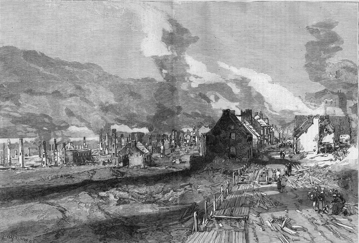 Vista das ruínas da cidade de Quebec (Canadá) após o incêndio de junho de 1881. Gravura de Lepere em "The Illustrous World" n°1267 de 9 de julho de Auguste Lepere