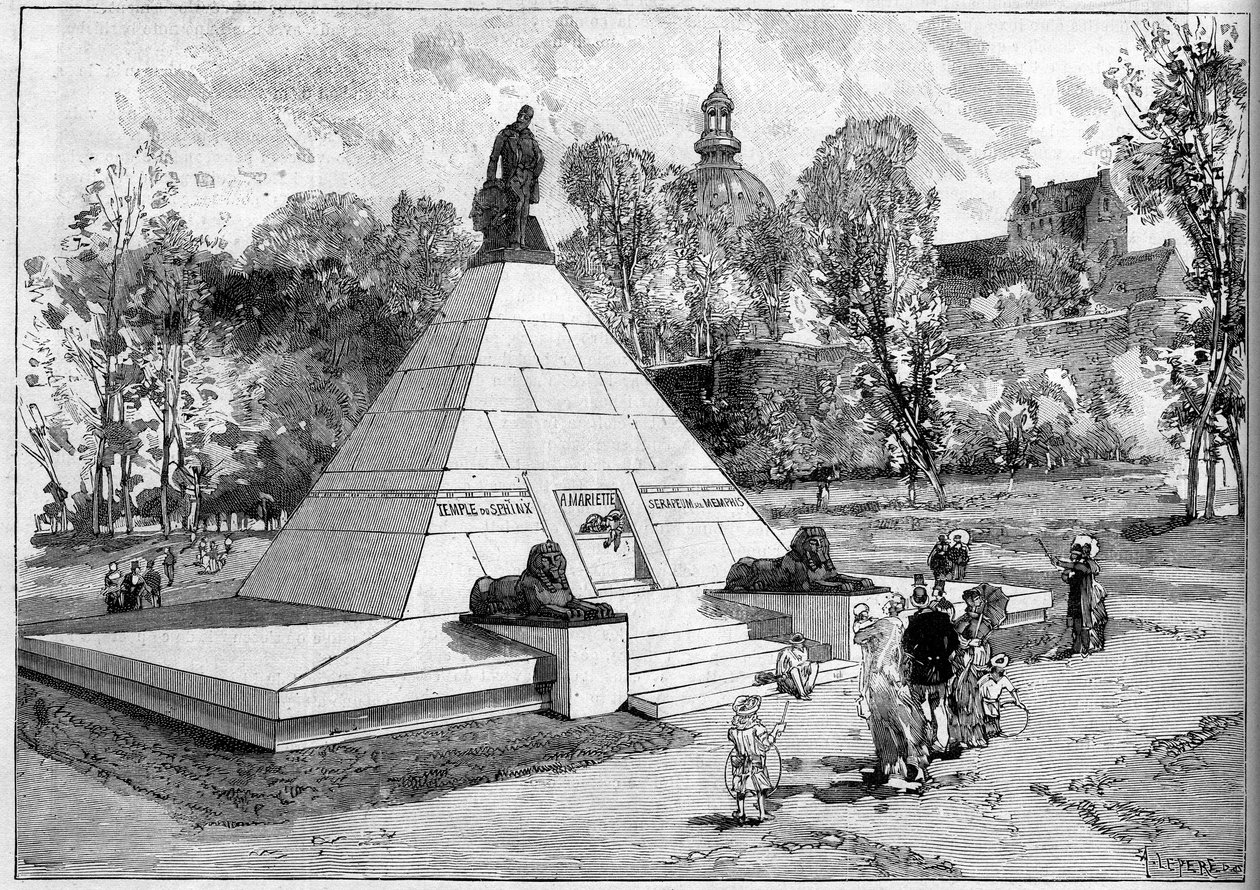Vista do monumento erguido em memória do egiptólogo francês Auguste-Edouard (Auguste Edouard) Mariette (1821-1881) em Boulogne-sur-Mer, Pas de Calais (62). Gravura de Lepere em "Le Monde Illustre" n°1322 de 29 de julho de 1882. de Auguste Lepere