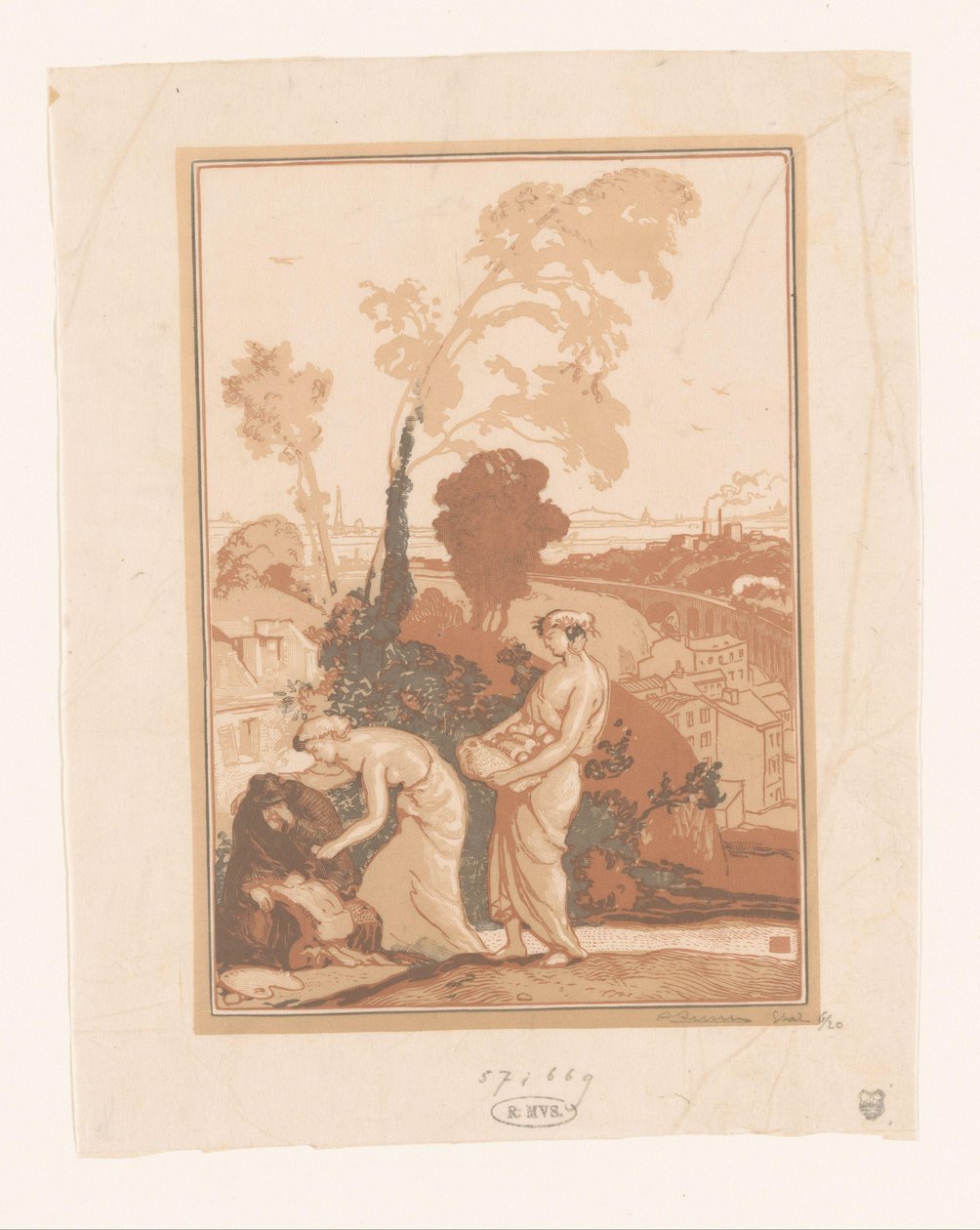 A música e a poesia ajudam o artista
La Musique et la Poesie secourant les Artistes de Auguste Lepère (signed by artist)