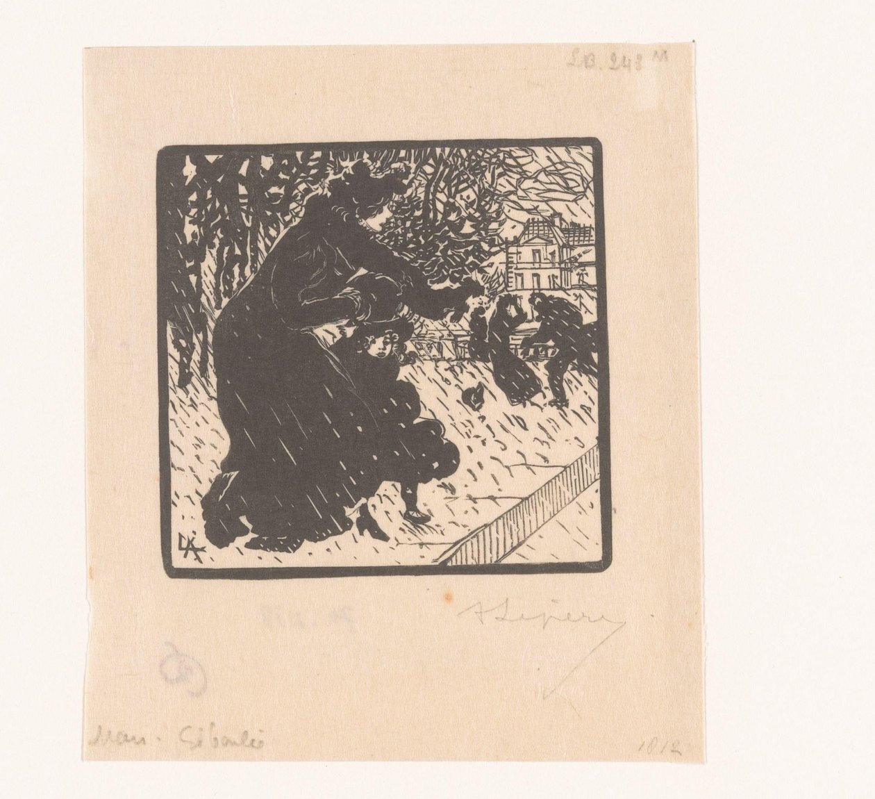 Mulher e criança em um banho de chuva Giboulées em Luxemburgo Mars Giboulée (título no objeto) Janeiro, fevereiro e março de 1894 (título da série) Janvier, Février et Mars 1894 (título da série) de Auguste Lepère (signed by artist)
