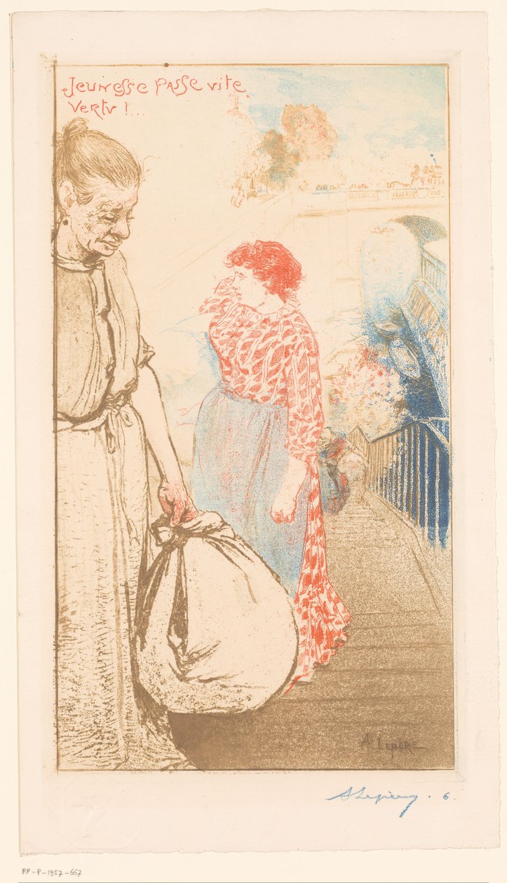 Lavadeiras em uma escada ao longo do Sena Jeunesse passe vite vertu! (título no objeto) de Auguste Lepère (signed by artist)