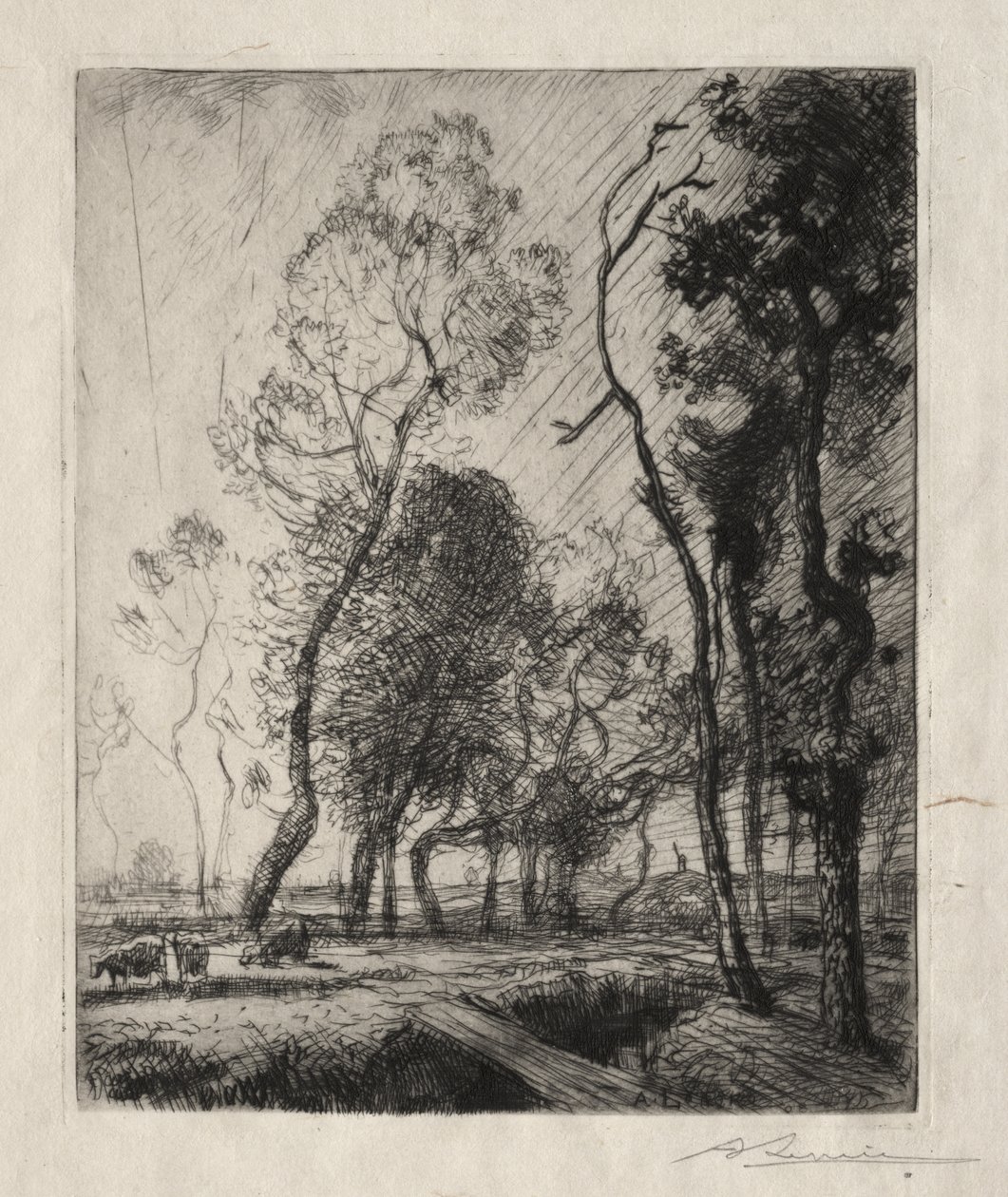 Pôr do sol atrás das árvores de Auguste Louis Lepère