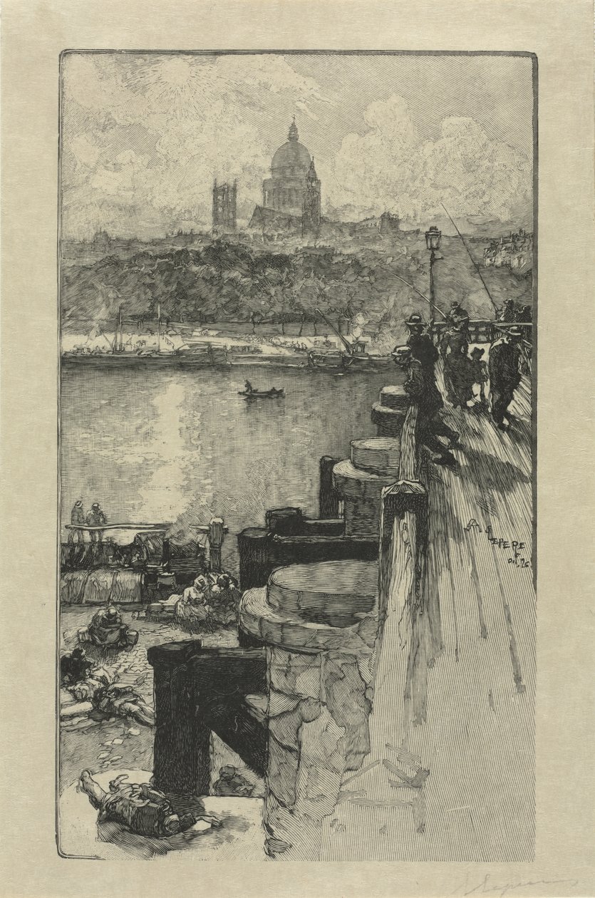 [Pescadores em um píer, Paris] de Auguste Louis Lepère