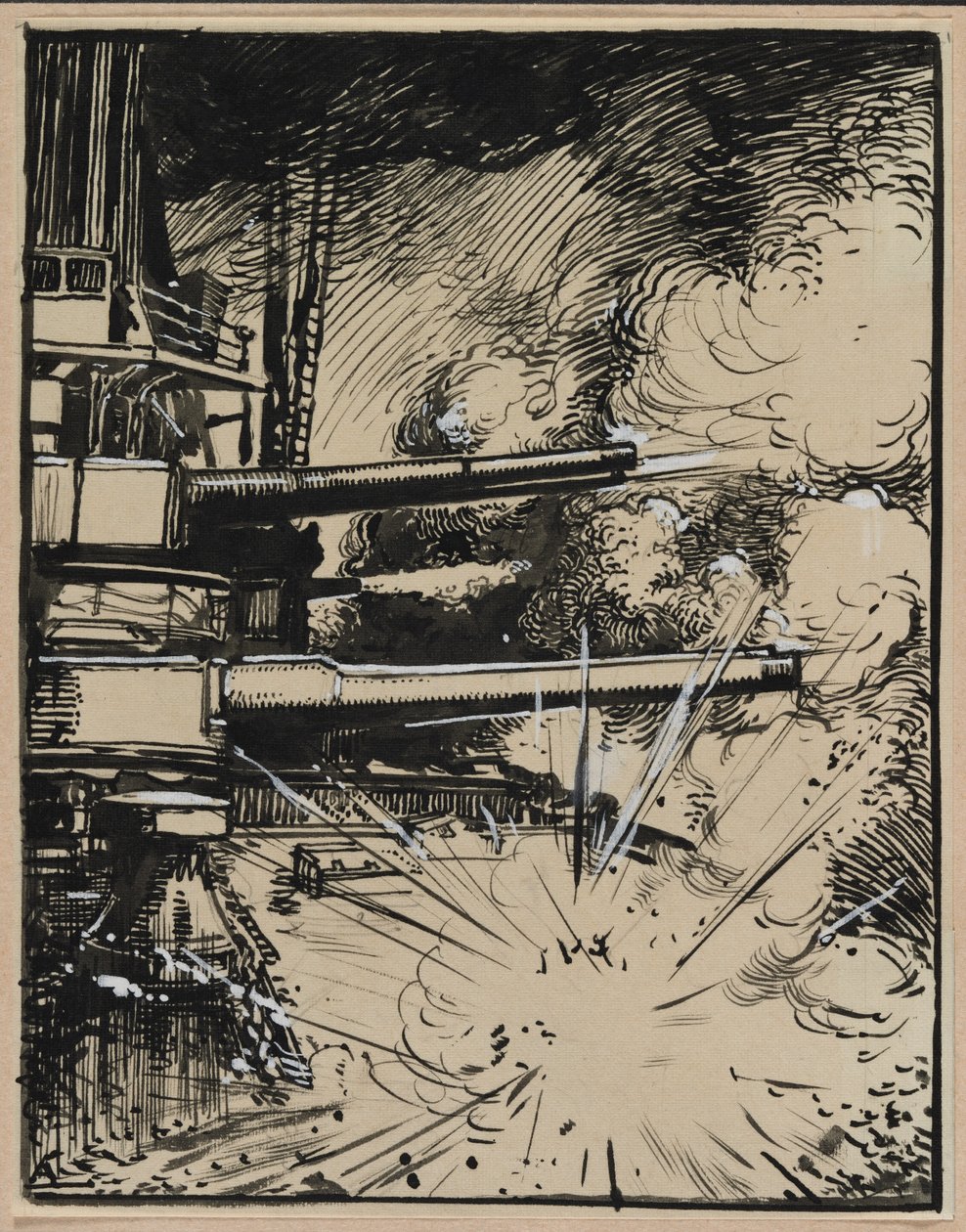 Bomba explodindo em um peitoral com armas apontadoras, 1914. de Auguste Louis Lepère