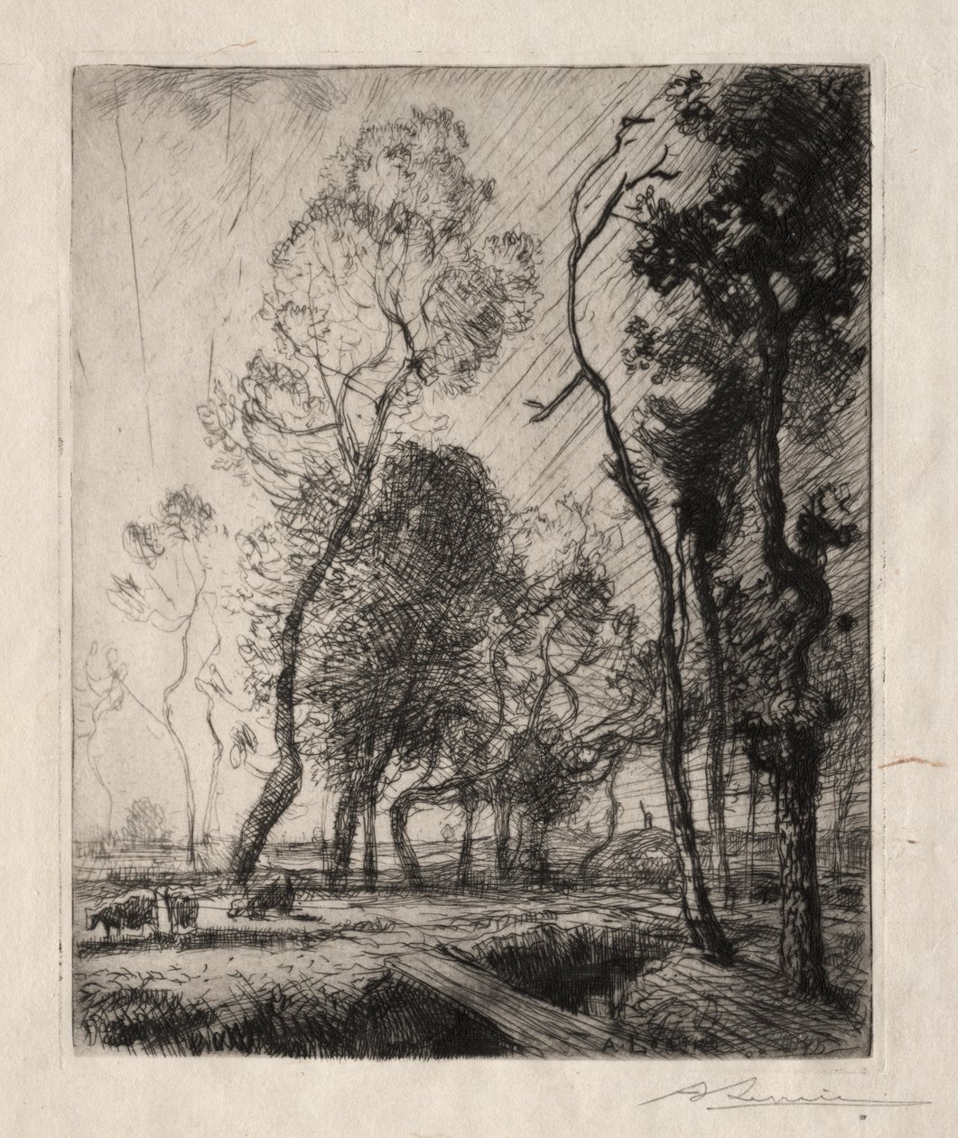 Pôr do sol atrás das árvores de Auguste Louis Lepère