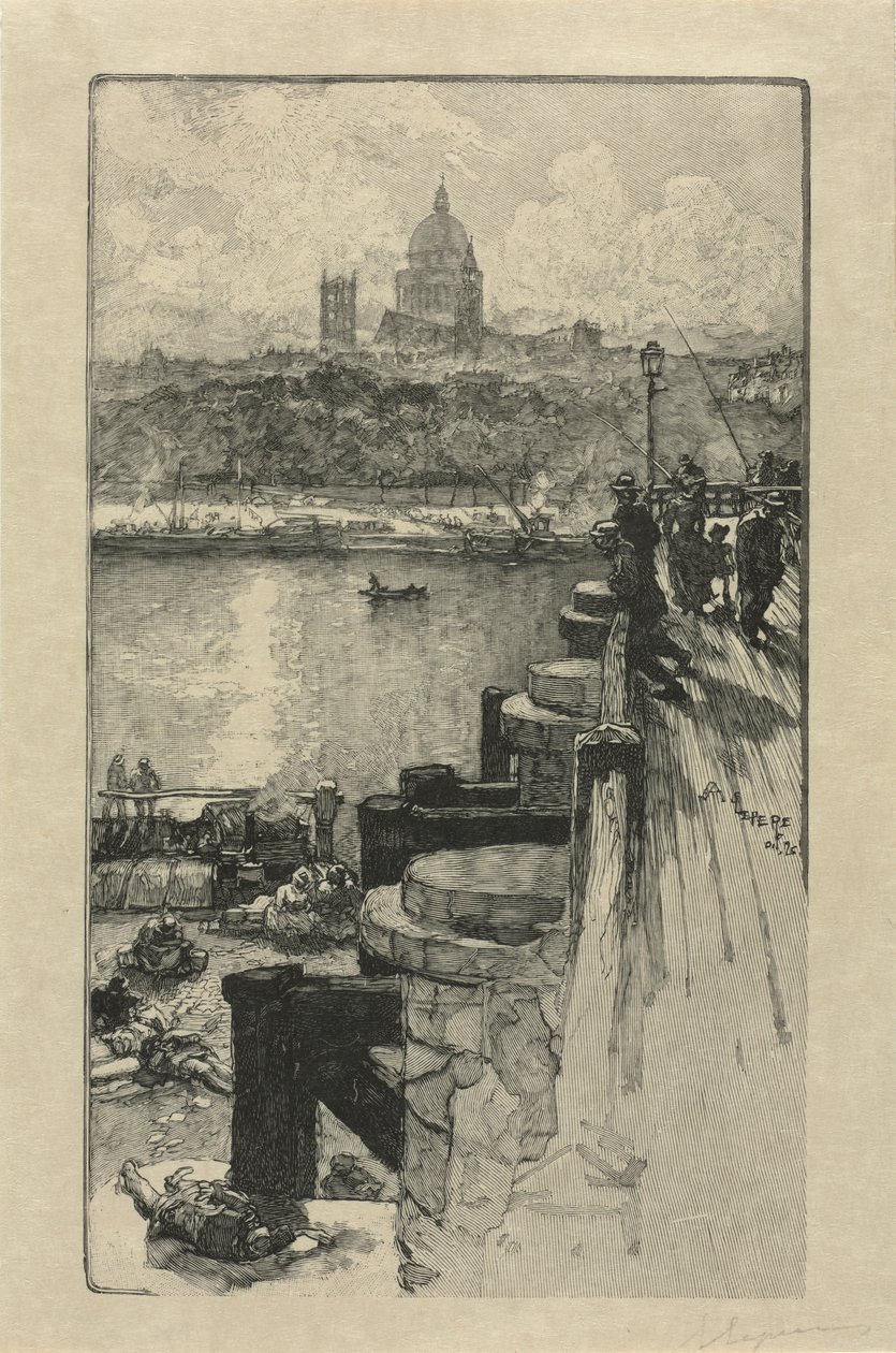 [Pescadores em um píer, Paris] de Auguste Louis Lepère