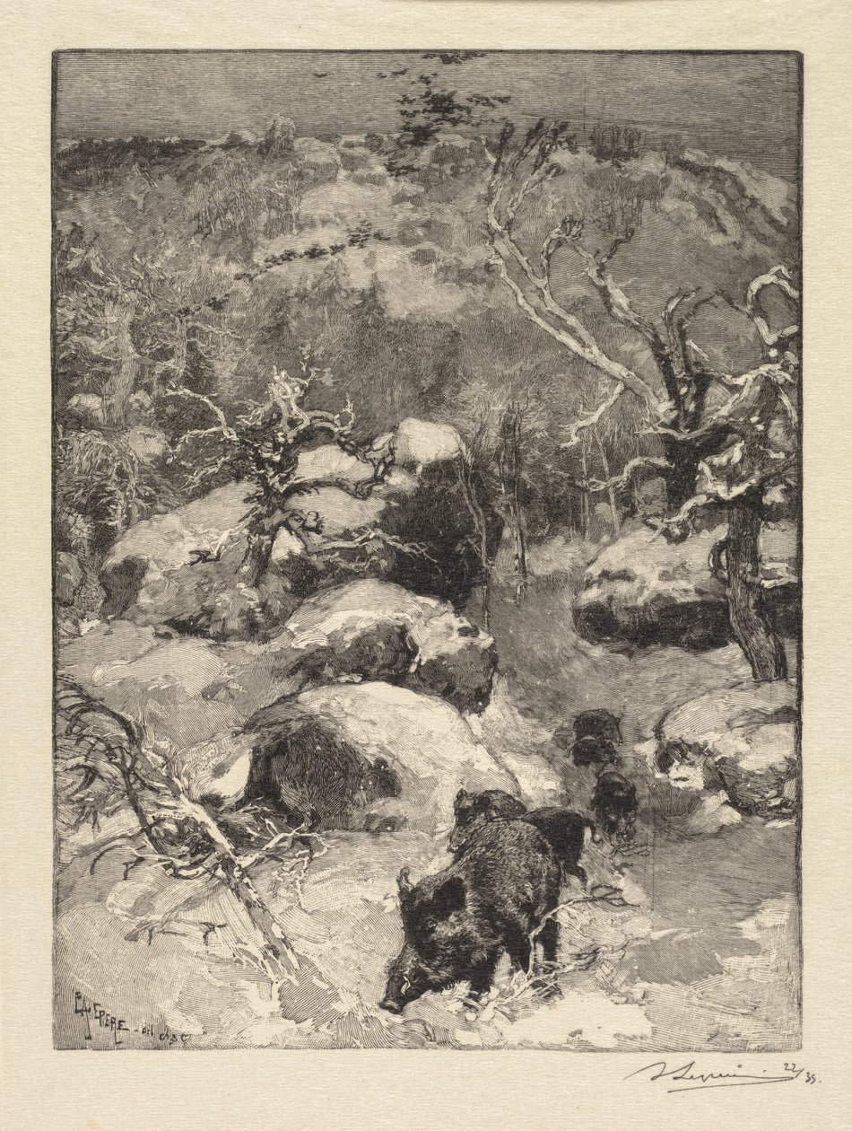Floresta de Fontainebleau: Penhasco de Cuvier-Châtillon A Floresta de Fontainebleau: Roche Cuvier-Châtillon, 18 de Auguste Louis Lepère