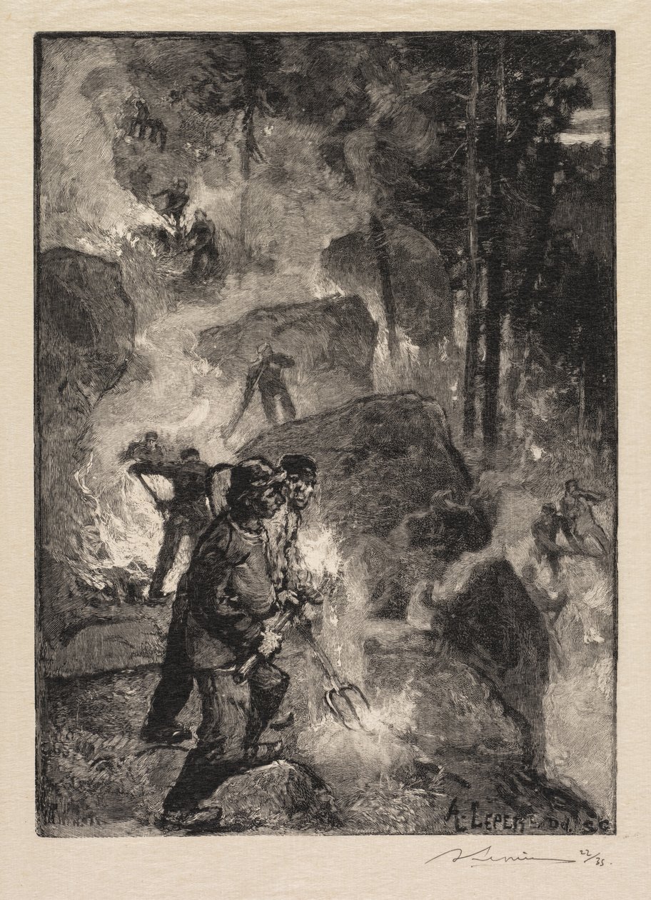 Floresta de Fontainebleau: Queimadores de samambaia La Forêt de Fontainebleau: Os queimadores de samambaias, 1890. de Auguste Louis Lepère
