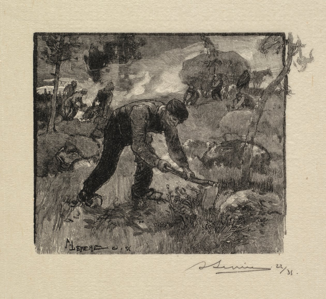 Floresta de Fontainebleau: Puxando o Heather La Forêt de Fontainebleau: Arracheurs de Bruyères, 1890. de Auguste Louis Lepère