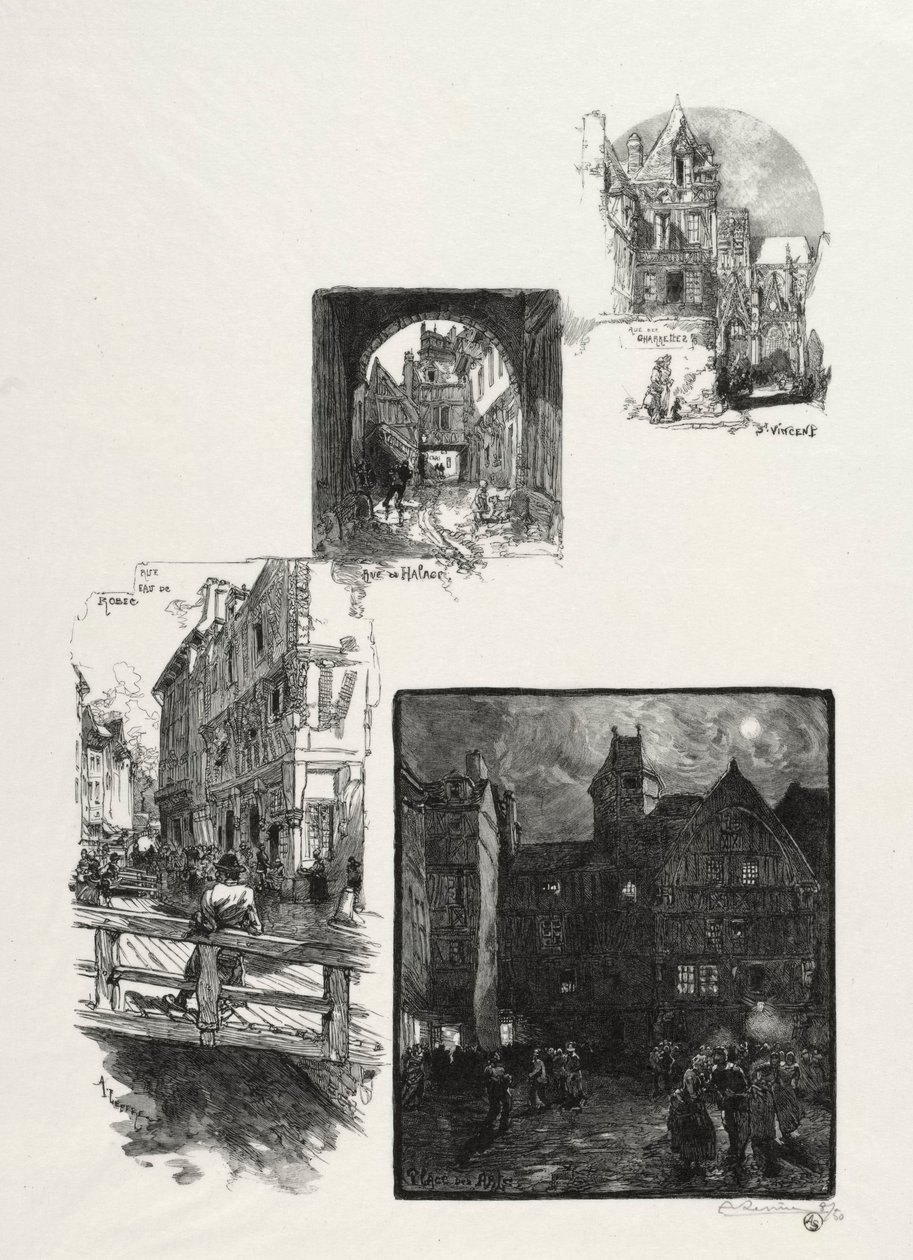 Rouen Ilustrado: Rue des Charretes, Rue de Halage, Rue Eau de Robec, Place des Arts, 1896. de Auguste Louis Lepère