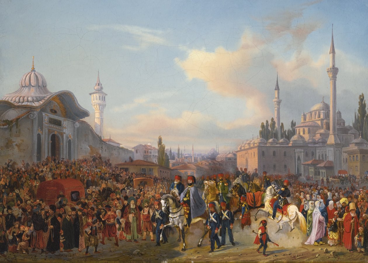 Sultão Mahmud II Saindo da Mesquita Bayezid, Constantinopla, 1837 de Auguste Etienne Francois Mayer
