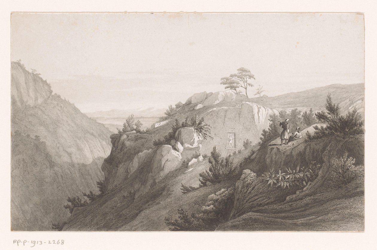 Paisagem de montanha com uma figura esculpida na rocha e cinzelada na rocha de Auguste Numans (attributed to)