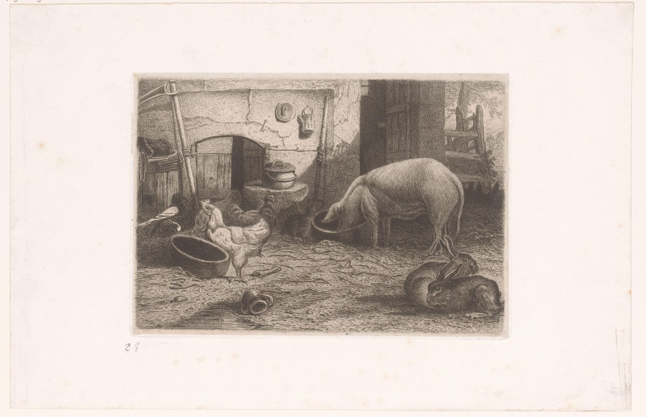 Porco, galinhas e coelhos em um celeiro de Auguste Numans (attributed to)