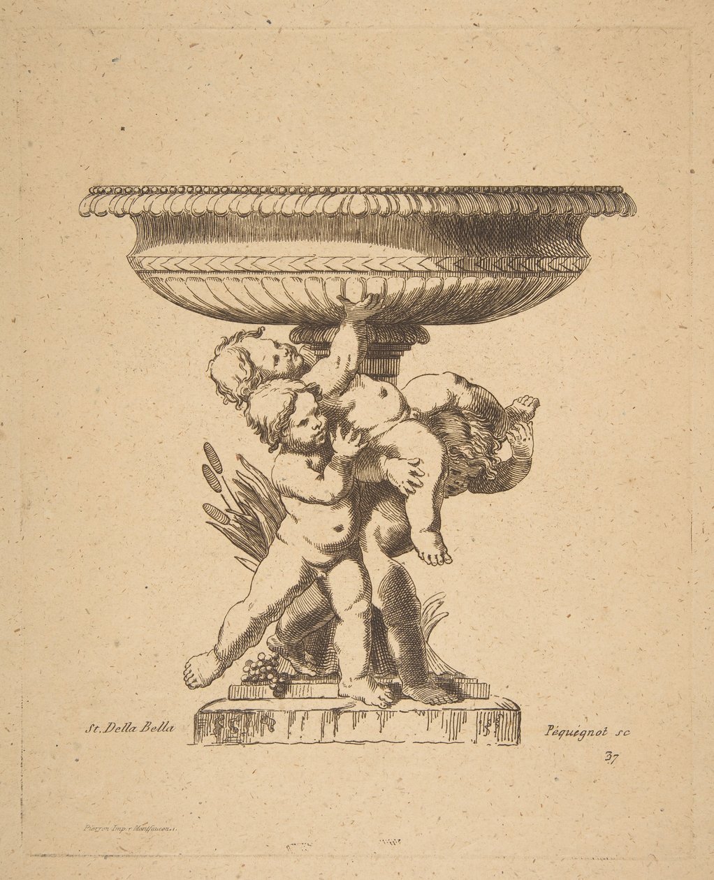 Desenho ornamental de três crianças segurando uma fonte, século XIX. de Auguste Pequegnot