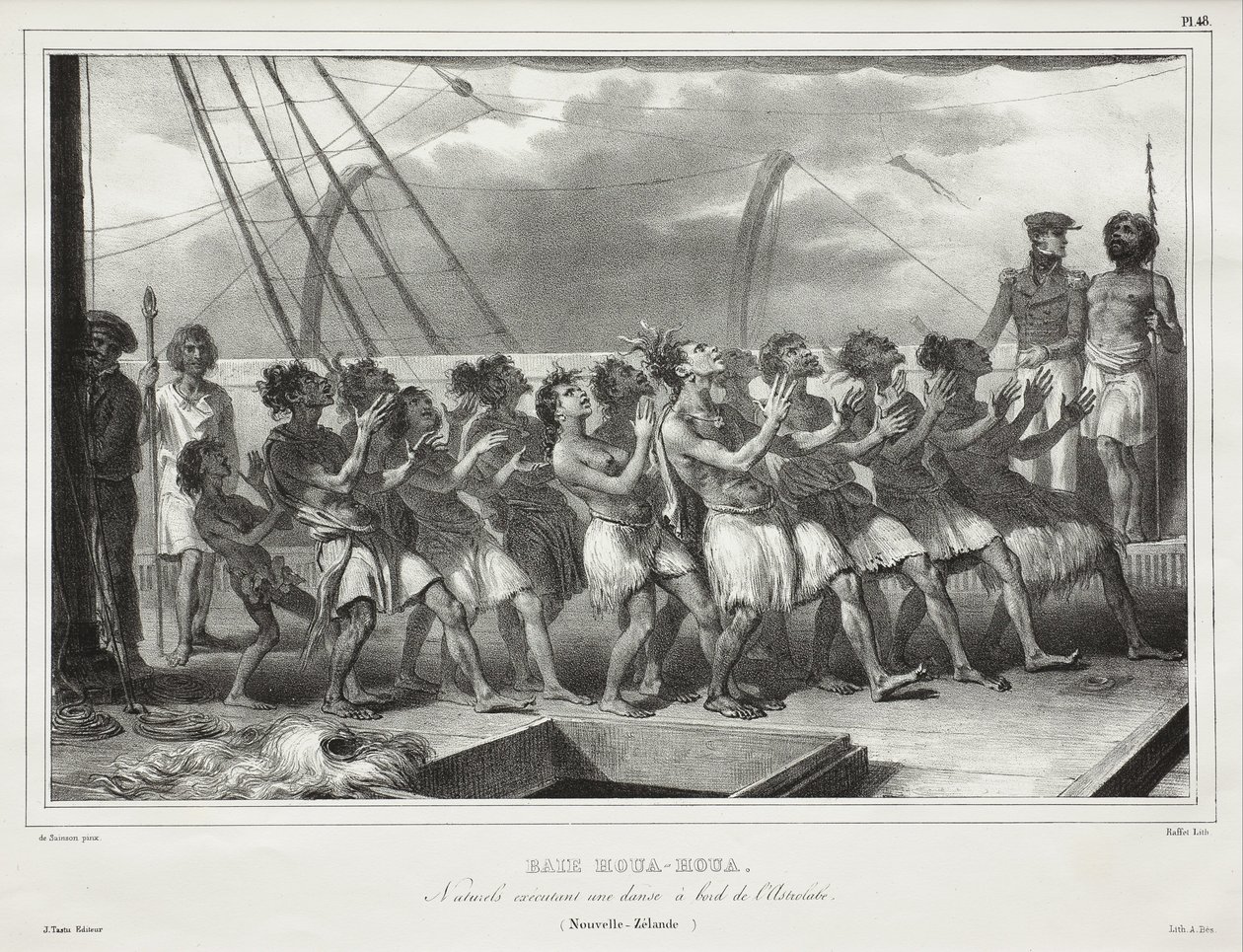 Baía de Houa-Houa, Nativos a executar uma dança a bordo do Astrolabe (Nova Zelândia), [Uawa/Tolaga Bay, Natives Performing a Haka on Board the Astrolabe (New Zealand)] de Auguste Raffet