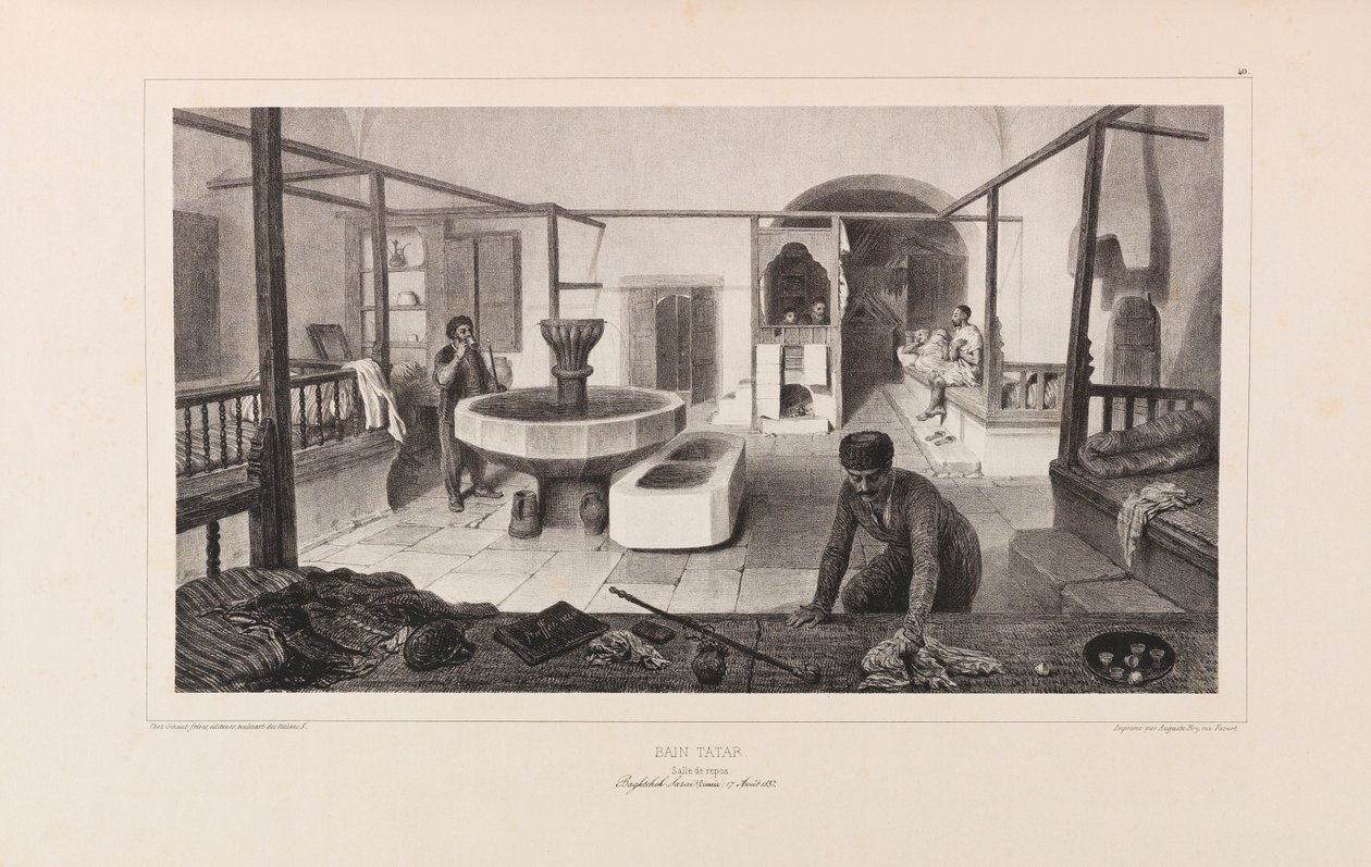 Banho tártaro, Sala de descanso. De Voyage dans la Russie por Anatole de Demidoff, 1837. de Auguste Raffet