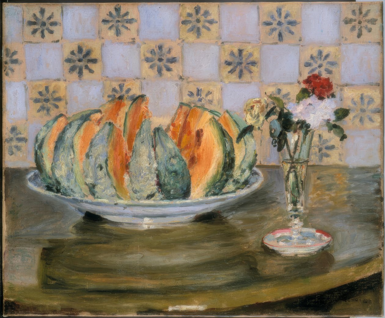 Natureza morta com melão e vaso de flores de Auguste Renoir