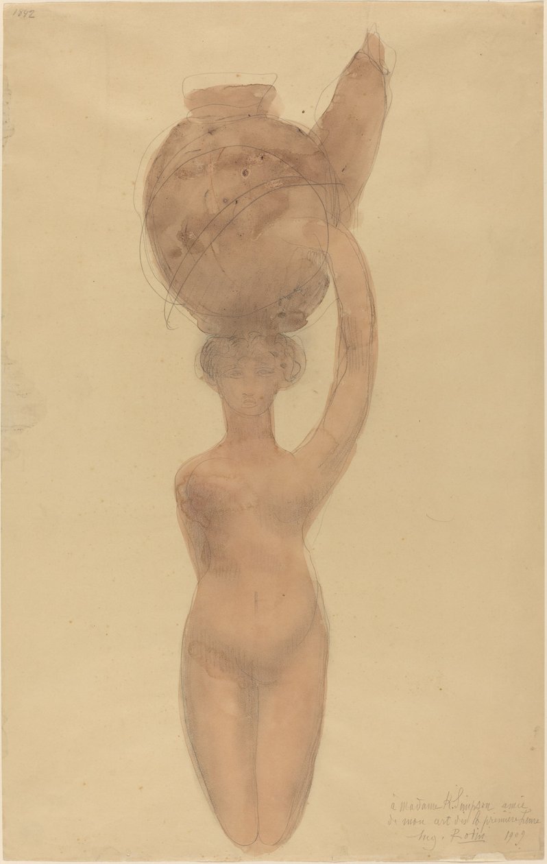 Mulher nua carregando vaso na cabeça de Auguste Rodin