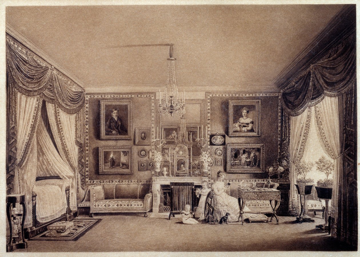 Quarto da Duquesa de Berry, nas Tuileries. Desenho de Auguste Garneray (1785-1824) de Auguste Simon Garneray