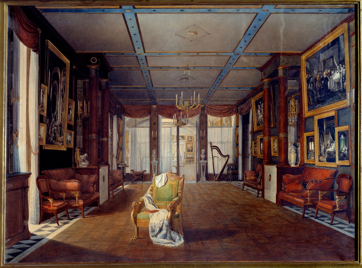 A sala de música no Castelo Malmaison em 1812 Pintura por Auguste Garneray (1785-1824) 1812 Sol. 0,66x0,91 m Malmaison, musee du chateau de Auguste Simon Garneray