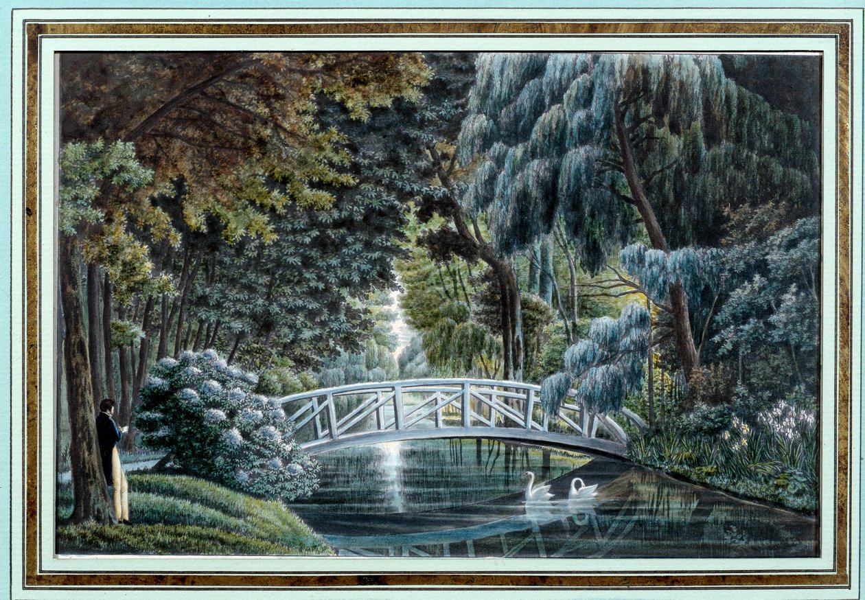 Vista da ponte de madeira sobre o rio à esquerda do castelo de Malmaison Watercolour d