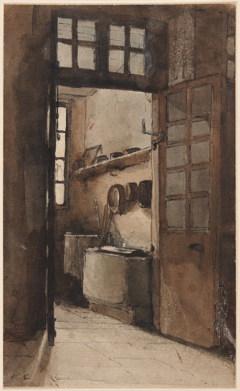 Interior de cozinha, c.1862 (caneta, tinta e aguarela) de Auguste Theodule Ribot