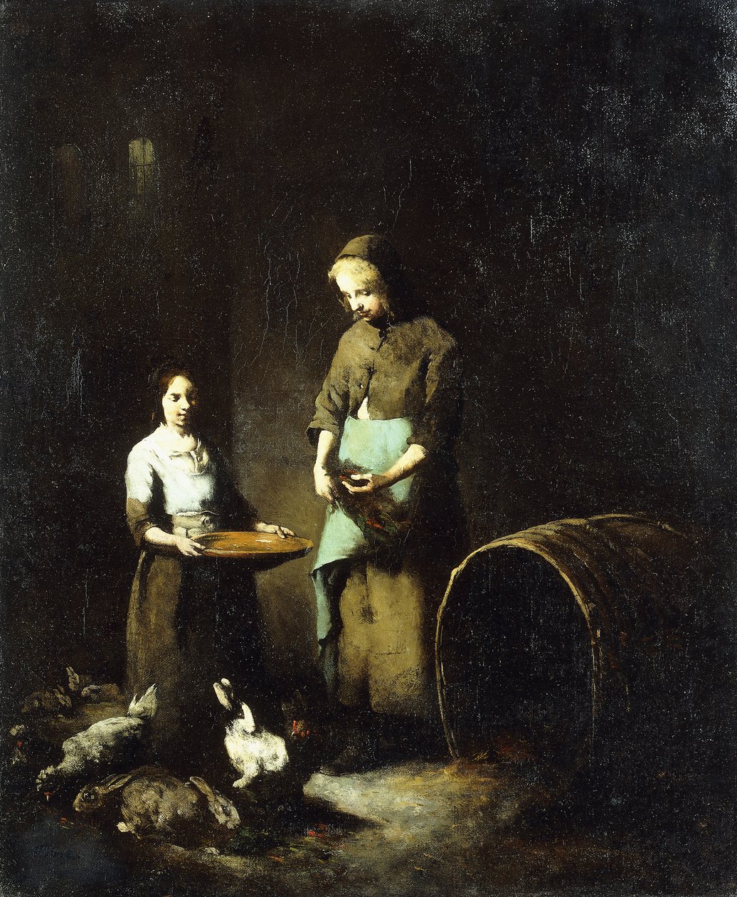 Camponesas jovens alimentando animais de curral, de Auguste Theodule Ribot
