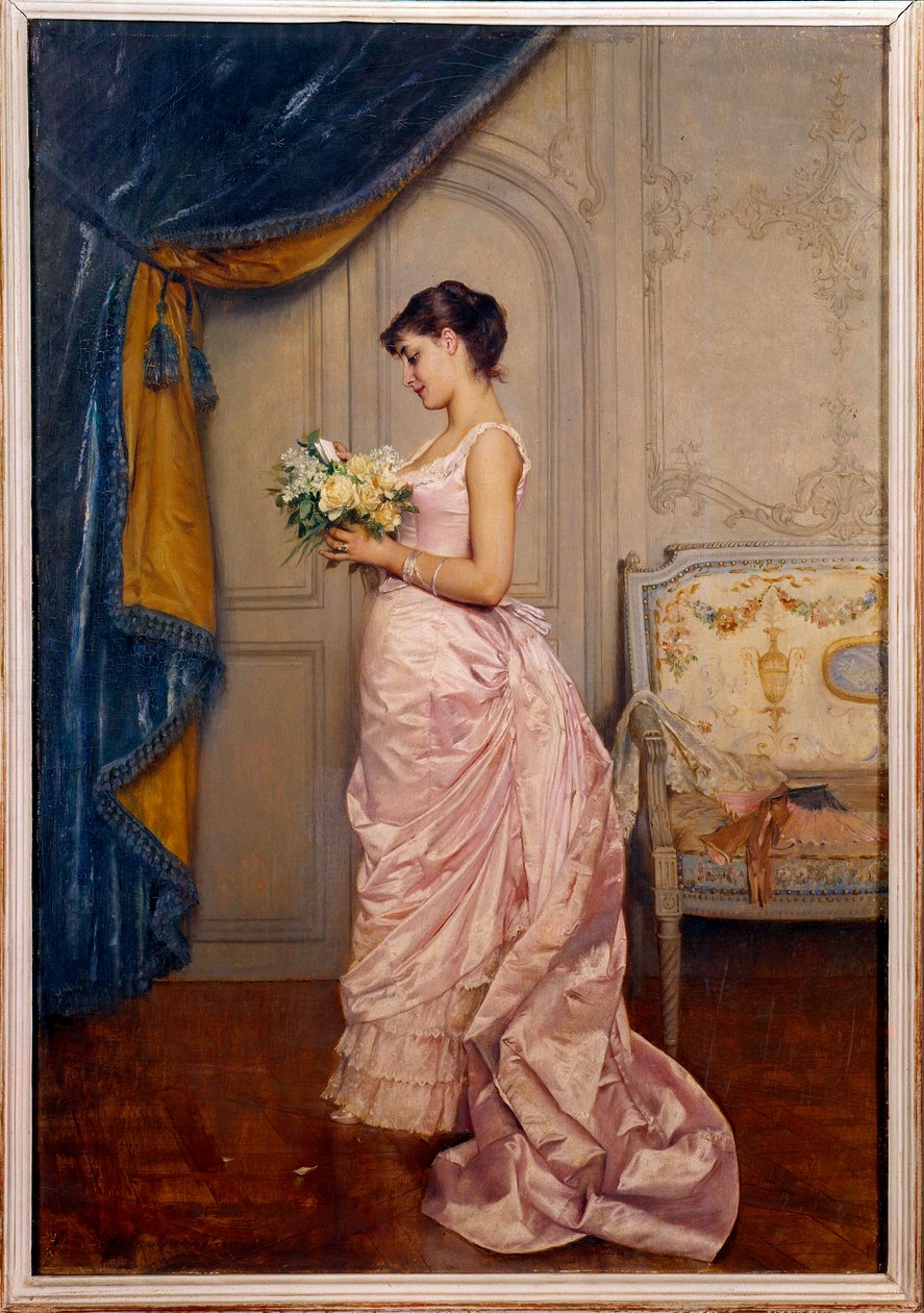 Sweet Ticket Uma jovem mulher lê uma carta de amor de um admirador com um ramo de flores. Pintura de Auguste Toulmouche (1829-1890) 1883 Sol. 0,66x0,45 m Nantes, musee des Beaux Arts de Auguste Toulmouche