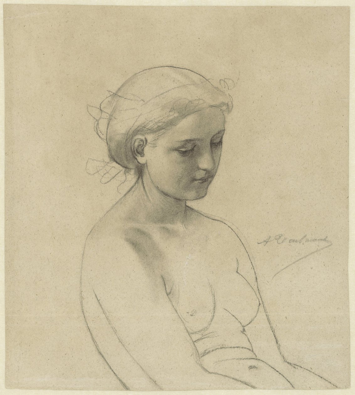 Nu feminino sentado, três quartos à direita, meio comprimento de Auguste Toulmouche