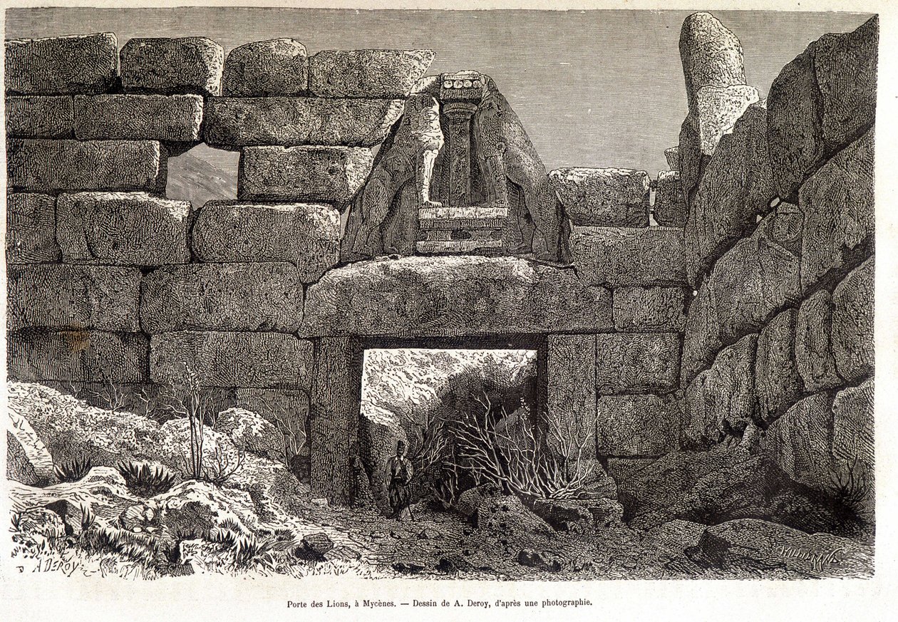 Porta dos Leões em Micenas - desenho de A. Deroy, em "Round the World" 1877 2º semestre de Auguste Victor Deroy