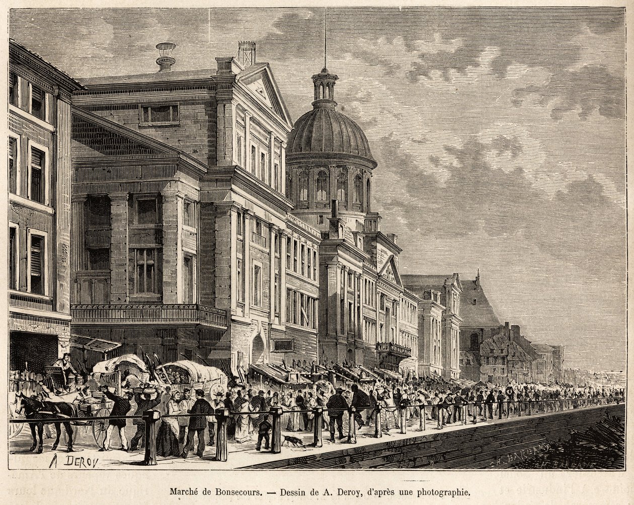 Le marche de Bonsecours, centro turístico e cultural de Montreal, gravado após um desenho de A. Deroy, ilustrando a excursão ao Canadá e a Riviere Rouge du nord, de H. De Lamotte, em 1873, publicado em "Le tour du monde" 1875, editado por Edou de Auguste Victor Deroy