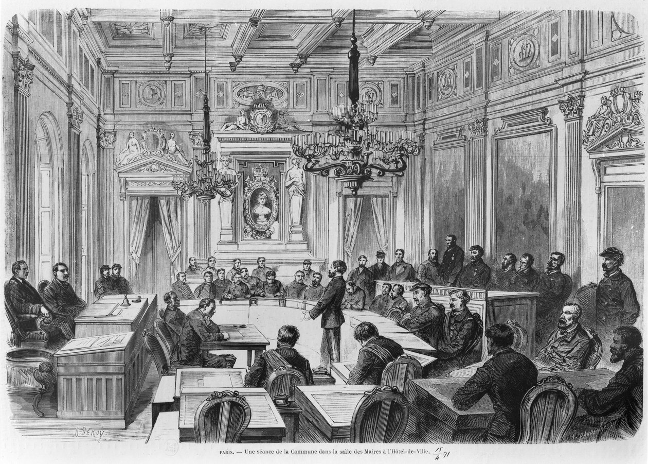 Membros da cidade em sessão na Prefeitura, Prefeitura de Paris, 1871 de Auguste Victor Deroy