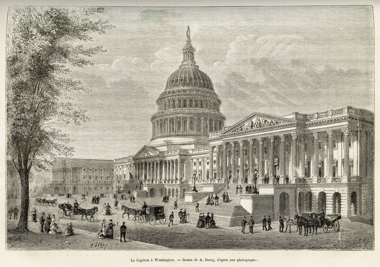 O Capitólio, sede da legislatura, construído entre 1793 e 1830, em Washington (Distrito de Columbia), a capital dos Estados Unidos. Gravura depois do desenho de A. Deroy, para ilustrar a história La conquete blanche, de William Hepworth Dixon, em 1875, p de Auguste Victor Deroy