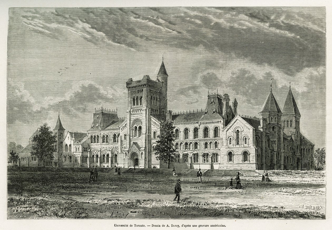 A Universidade de Toronto, desenho de A. Deroy, para ilustrar a história de uma excursão ao Canadá e ao Rio Vermelho Norte em 1873 por H. de Lamotte. Gravura em Le tour du monde de Auguste Victor Deroy