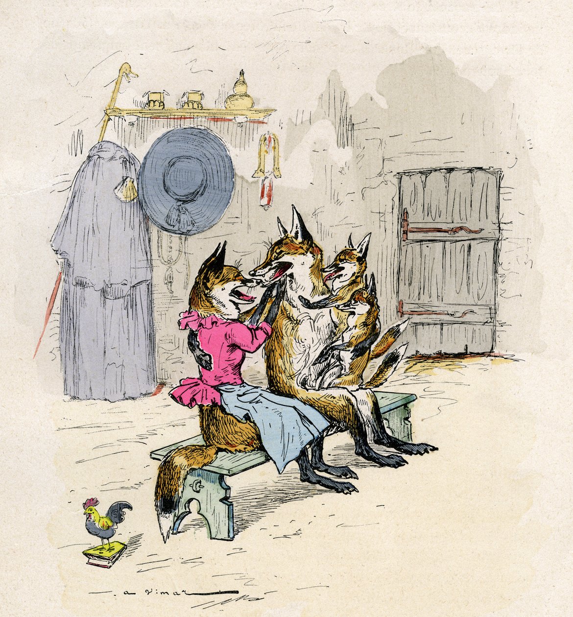 Ilustração de A. Vimar para o romance de Renart, edição Henri Laurens século 19 - Goupil e Hermeline a raposa, sua esposa, casa, com seus filhos as raposinhas - de Auguste Vimar