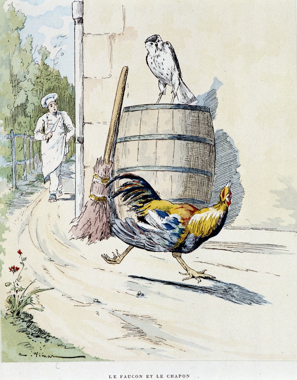 O falcão e o capão nas "Fábulas de La Fontaine, doente. de Auguste Vimar (1851-1916), Tours, em A, Mame & Fils de Auguste Vimar