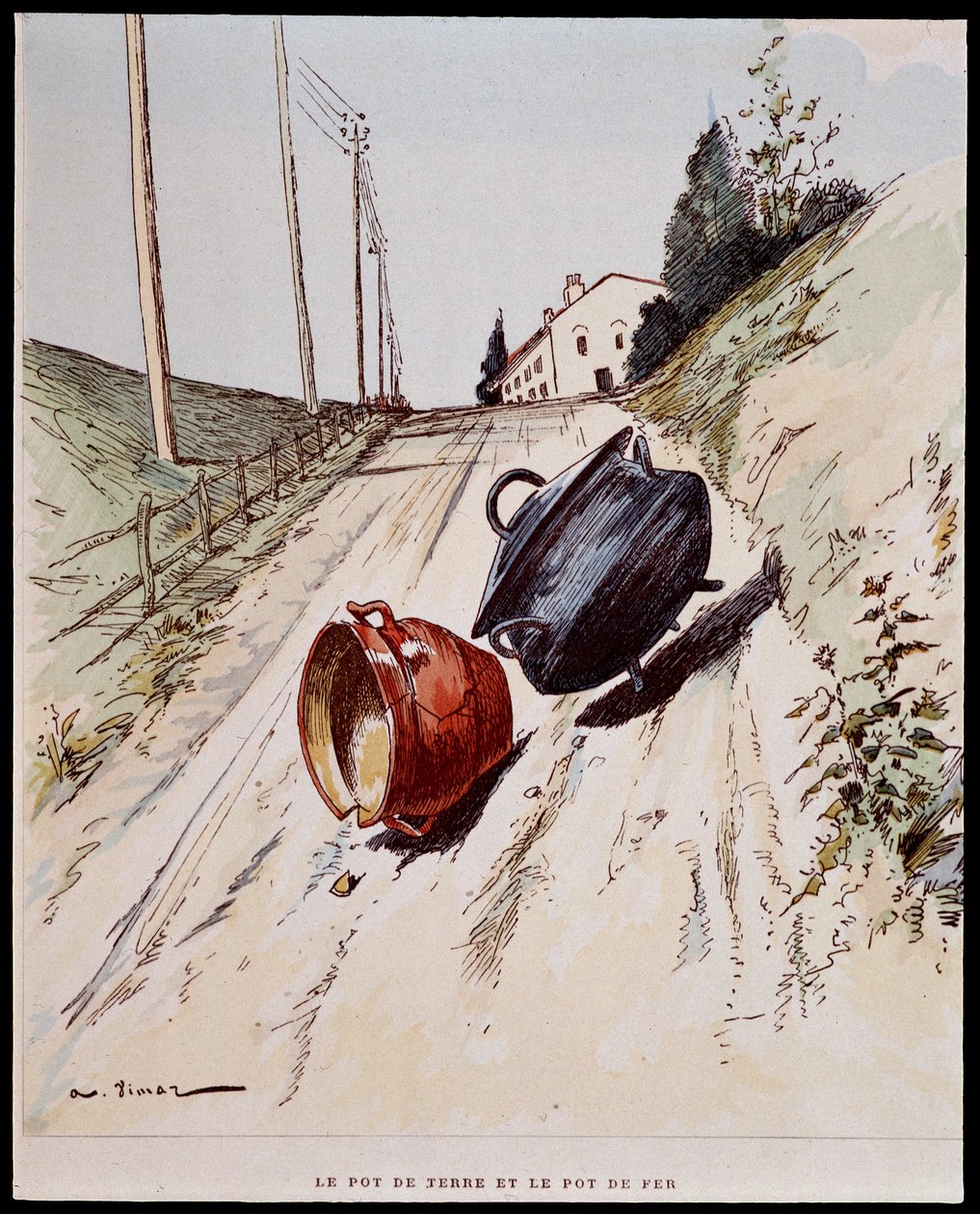 A panela de barro e a panela de ferro - em "Les Fables de La Fontaine", doente de Auguste Vimar (1851-1916), Tours, em A, Mame & Fils de Auguste Vimar
