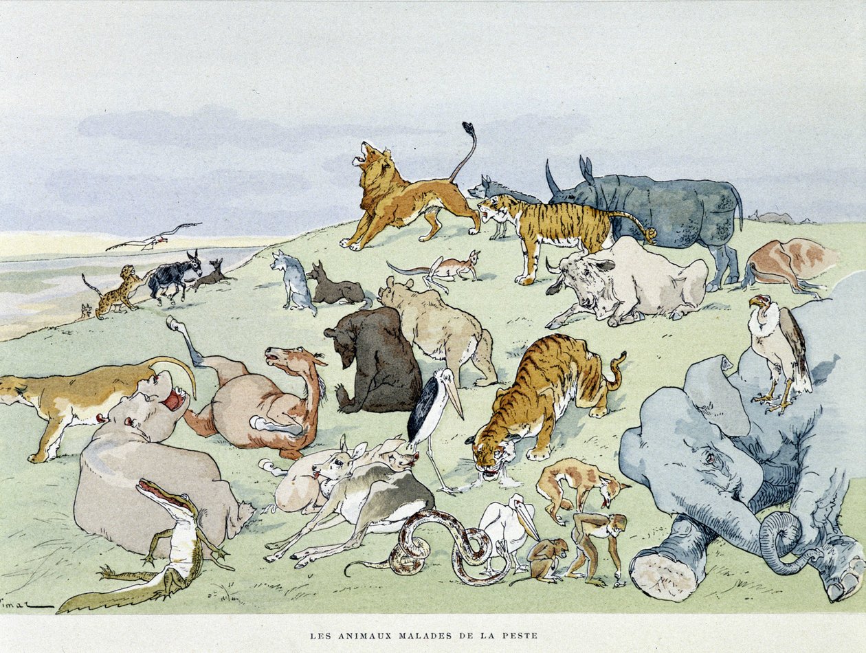 The Animals Sick of Plague - em "Les Fables de la Fontaine", de Auguste Vimar (1851-1916), Tours, em A, Mame & Fils de Auguste Vimar